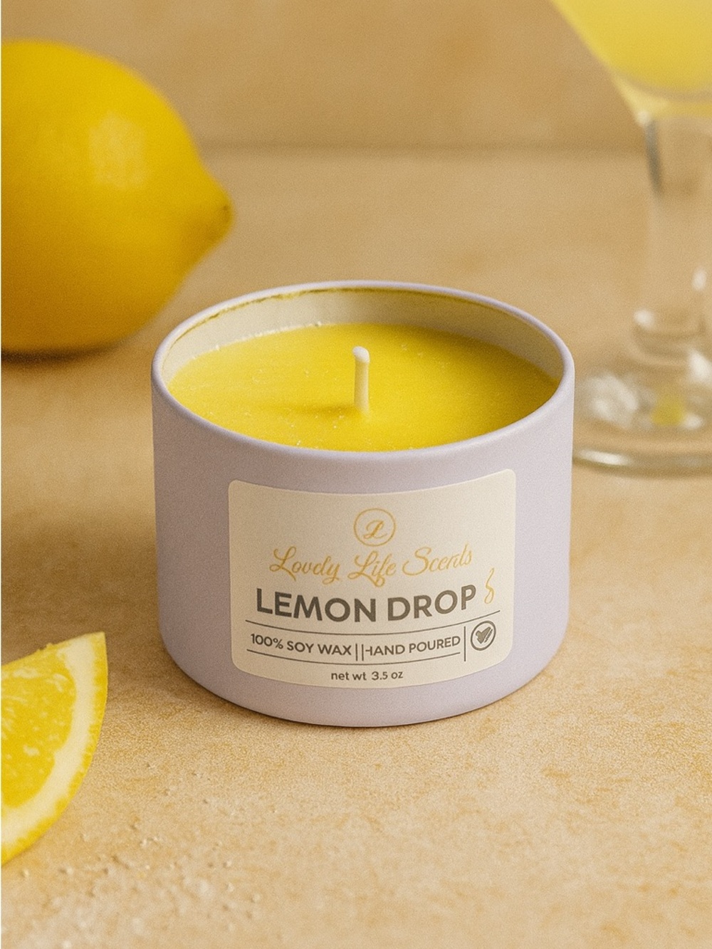 Lemon Drop Mini 3.5 oz Premium Soy Candle in White Tin from Lovely Life Scents